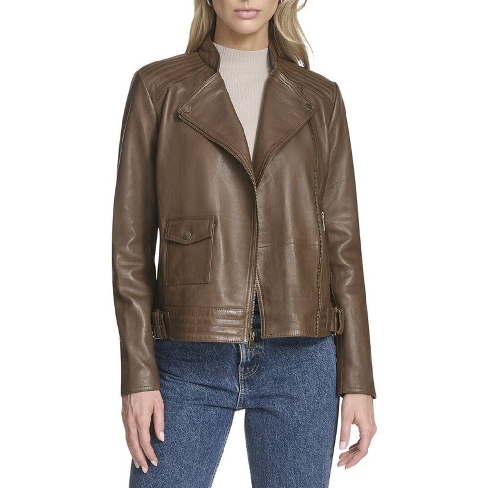 Andrew Marc Womens  Frankie Leather Moto Jacket, Brown